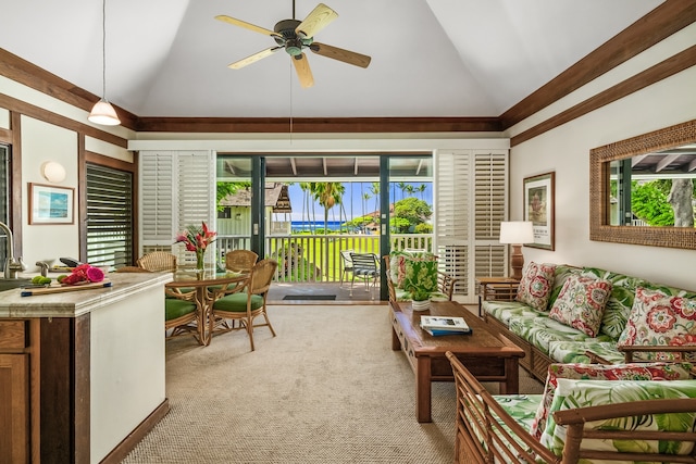 living room with light carpet, vaulted ceiling, and ceiling fan