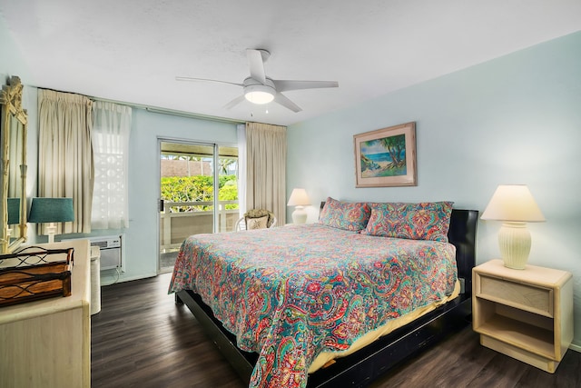 bedroom featuring access to outside, dark wood-type flooring, and ceiling fan