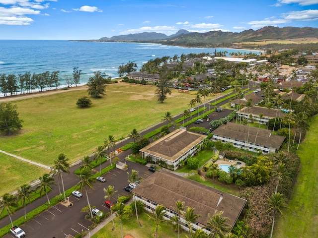 bird's eye view with a water and mountain view