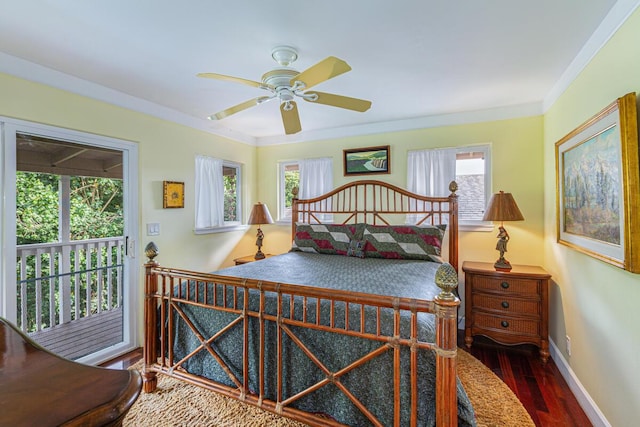 bedroom featuring multiple windows, ceiling fan, and dark wood-type flooring