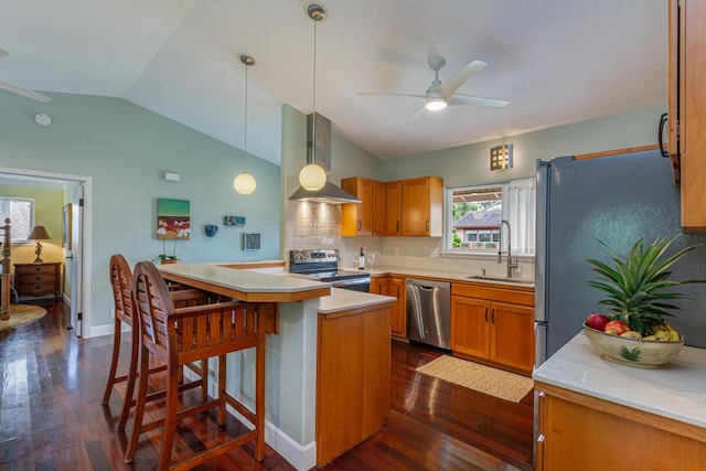 kitchen featuring stainless steel appliances, vaulted ceiling, sink, wall chimney range hood, and pendant lighting