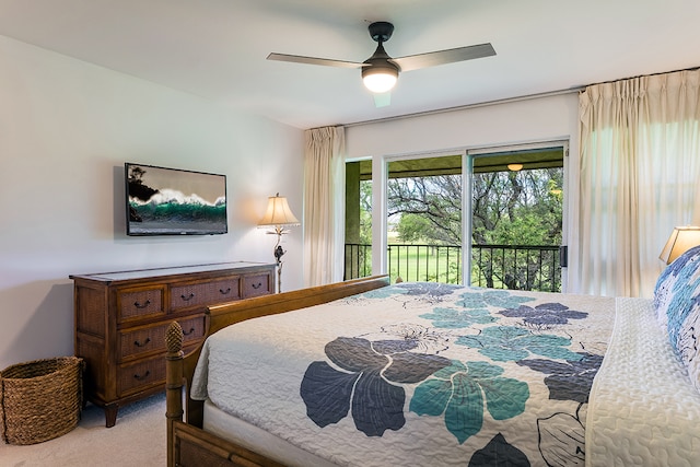 carpeted bedroom featuring access to exterior and ceiling fan