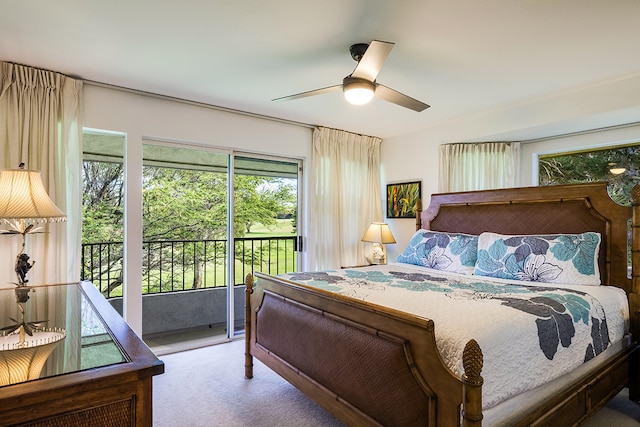 bedroom featuring ceiling fan, light colored carpet, and access to exterior