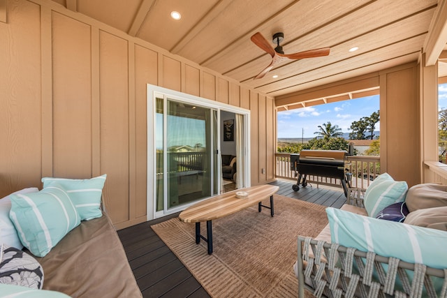 exterior space featuring a grill and ceiling fan