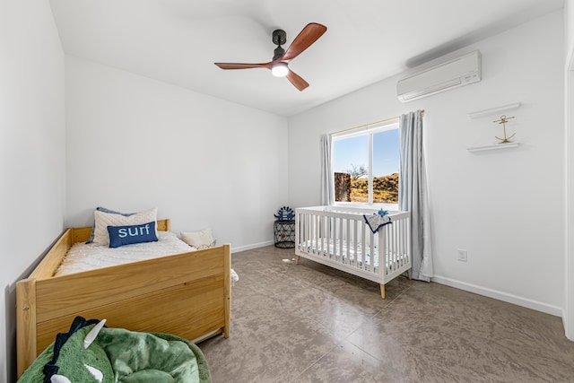 bedroom featuring a wall mounted AC and ceiling fan