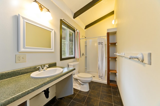 bathroom with a shower with curtain, sink, tile patterned flooring, vaulted ceiling with beams, and toilet