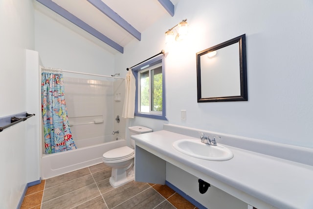 full bathroom with sink, tile patterned flooring, vaulted ceiling with beams, toilet, and shower / tub combo with curtain