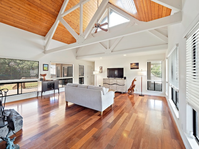 living room featuring ceiling fan, wood ceiling, hardwood / wood-style floors, and high vaulted ceiling