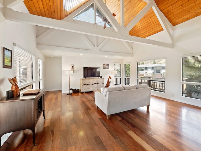 living room featuring high vaulted ceiling, wood ceiling, beamed ceiling, and dark hardwood / wood-style floors