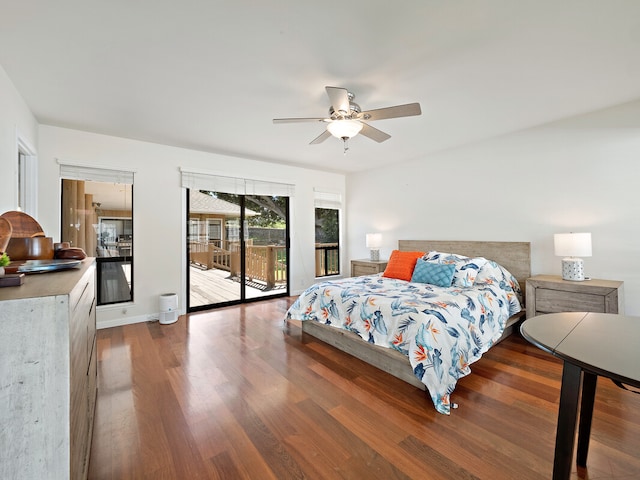 bedroom with ceiling fan, access to outside, and wood-type flooring