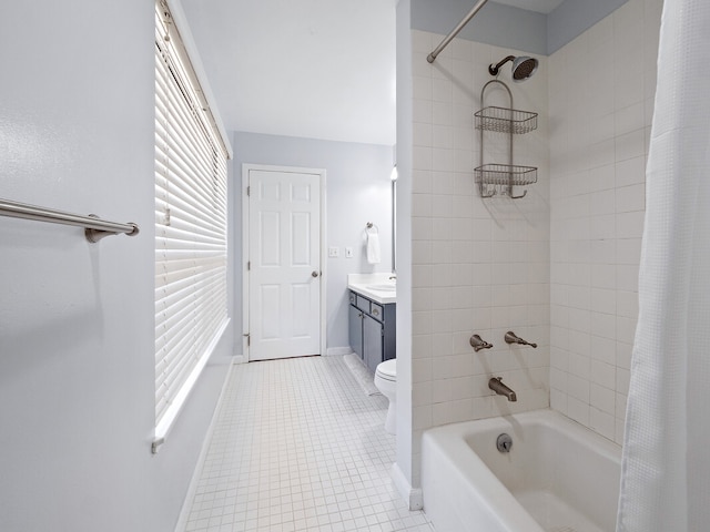 full bathroom featuring shower / tub combo with curtain, vanity, toilet, and tile patterned flooring