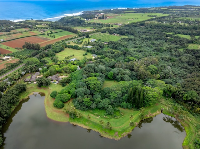 birds eye view of property with a water view and a rural view