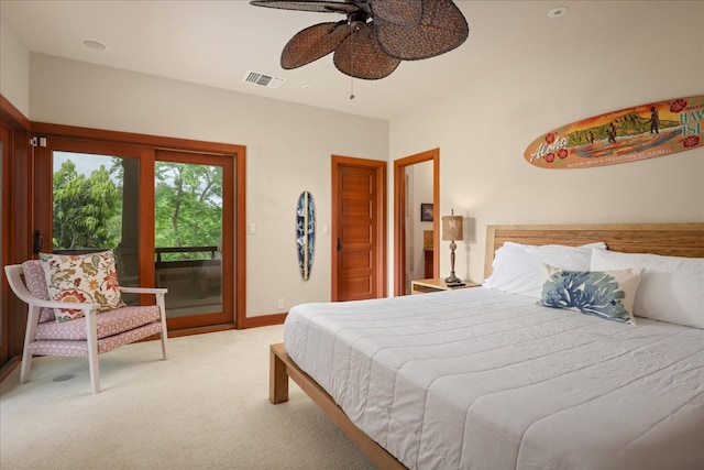 bedroom featuring access to outside, light carpet, and ceiling fan