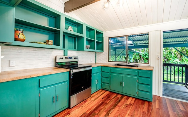 kitchen with butcher block counters, dark wood-type flooring, a sink, open shelves, and electric range