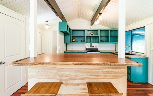 kitchen with decorative backsplash, stainless steel electric stove, lofted ceiling with beams, and dark hardwood / wood-style flooring