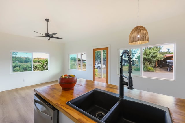 kitchen with wooden counters, light wood-type flooring, a wealth of natural light, stainless steel dishwasher, and sink