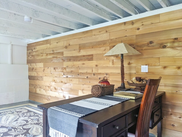 interior space featuring wood walls