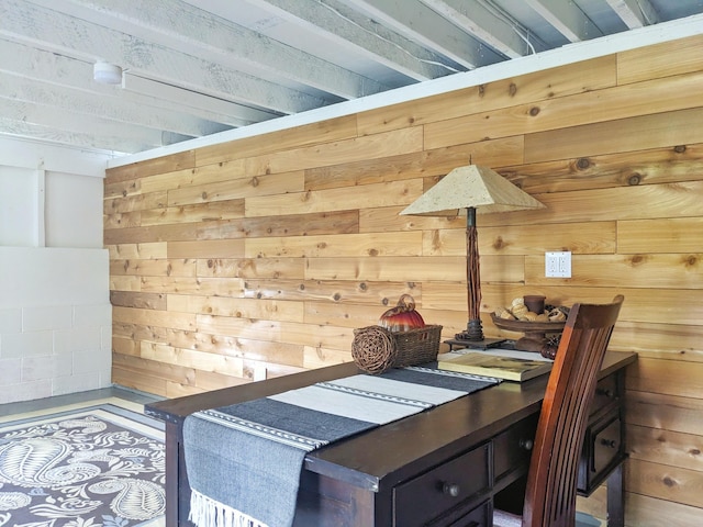 interior space featuring wooden walls