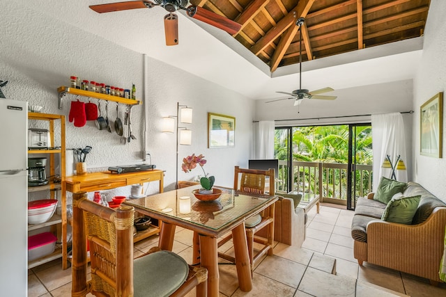 dining space featuring wooden ceiling, vaulted ceiling, and light tile patterned floors