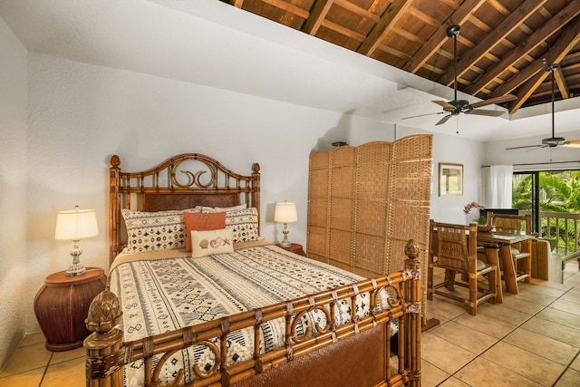 bedroom with beamed ceiling, high vaulted ceiling, light tile patterned floors, and wooden ceiling