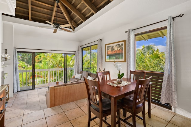 dining room with plenty of natural light, light tile patterned floors, and wood ceiling