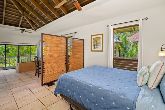 tiled bedroom featuring multiple windows, vaulted ceiling with beams, wooden ceiling, and access to exterior