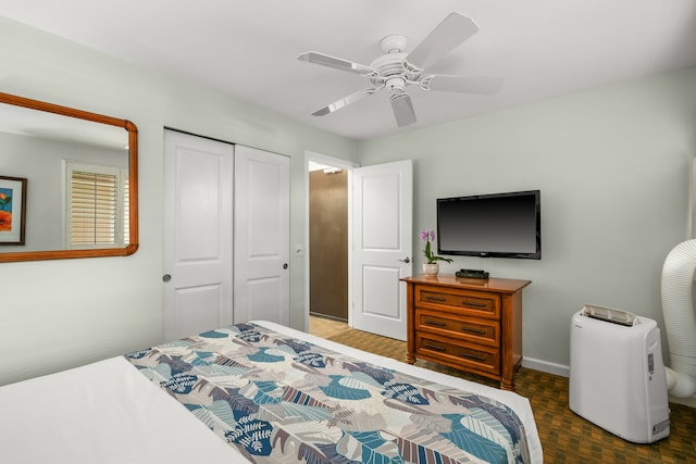 bedroom with ceiling fan and a closet