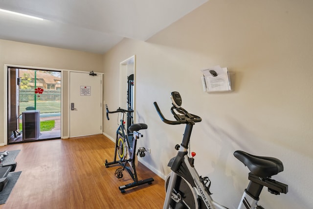 workout area with wood-type flooring