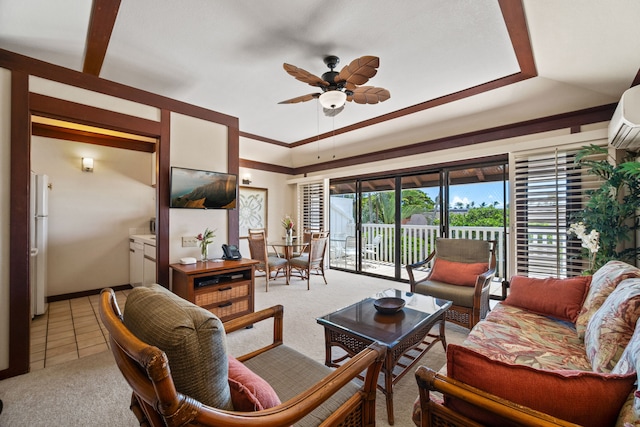 tiled living room with ceiling fan