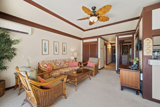 carpeted living room with ornamental molding, a wall mounted AC, and ceiling fan