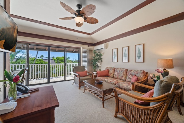 carpeted living room featuring a tray ceiling, ceiling fan, and a wall mounted air conditioner