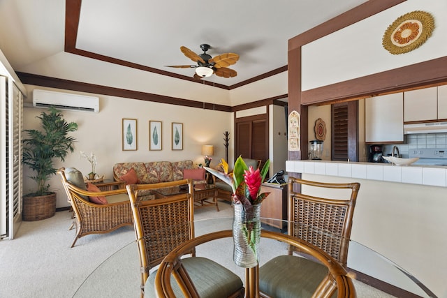 dining space featuring ceiling fan, light colored carpet, crown molding, and a wall mounted AC