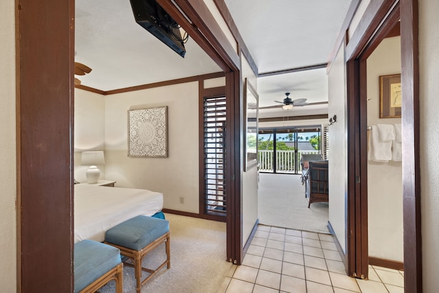 interior space featuring light carpet and ornamental molding