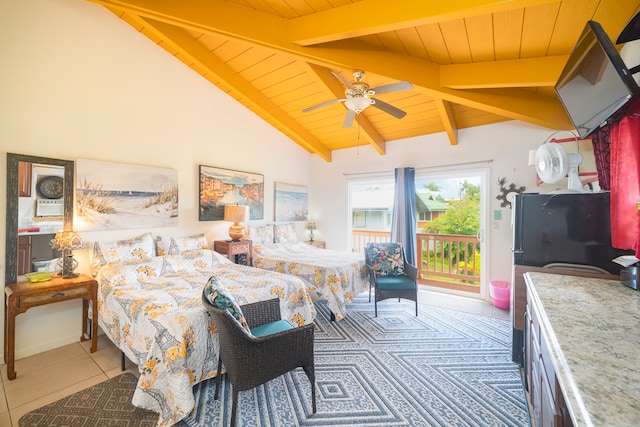 bedroom with access to outside, vaulted ceiling with beams, ceiling fan, wood ceiling, and light tile patterned floors