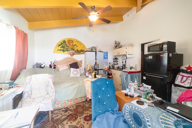 living room with ceiling fan, beam ceiling, and wooden ceiling