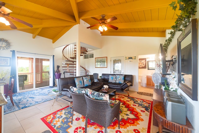 tiled living room with wood ceiling, vaulted ceiling with beams, and ceiling fan