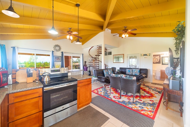 kitchen featuring wooden ceiling, vaulted ceiling with beams, and stainless steel range with electric cooktop