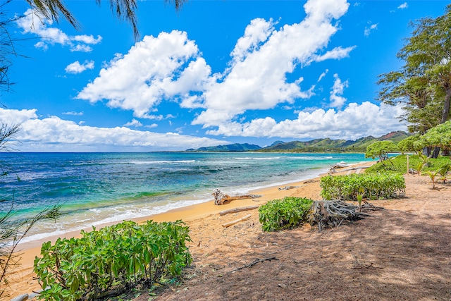 water view featuring a view of the beach and a mountain view