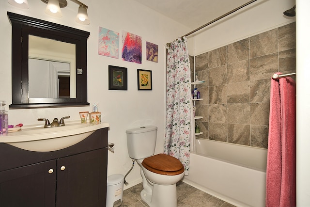 full bathroom with shower / bath combination with curtain, vanity, toilet, and tile patterned floors