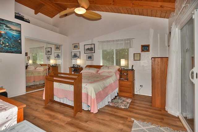 bedroom featuring wood ceiling, lofted ceiling with beams, and hardwood / wood-style floors