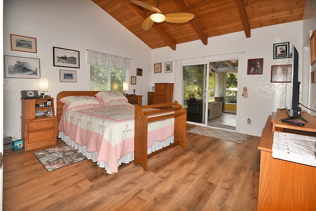 bedroom featuring ceiling fan, wood ceiling, beam ceiling, wood-type flooring, and access to exterior