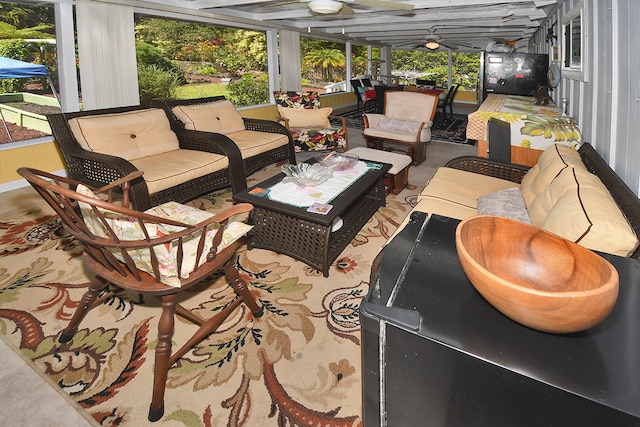 view of patio featuring an outdoor hangout area and ceiling fan