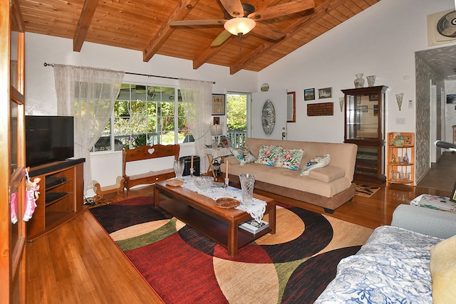 living room with beam ceiling, high vaulted ceiling, hardwood / wood-style floors, ceiling fan, and wooden ceiling