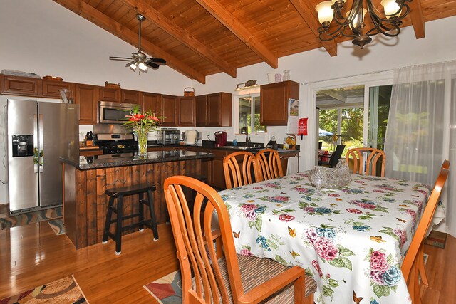 dining room with lofted ceiling with beams, wood ceiling, dark hardwood / wood-style floors, sink, and ceiling fan with notable chandelier