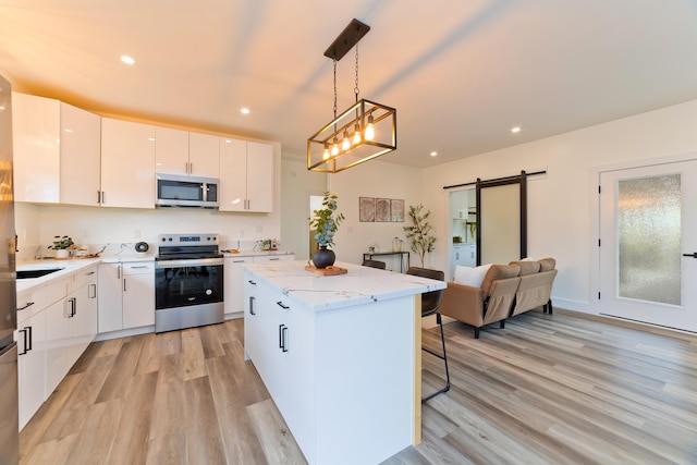 16-2157 Jewel Dr, Pahoa, HI 96778 - kitchen featuring stainless steel appliances, light wood-style flooring, a kitchen island, a barn door, and a kitchen breakfast bar