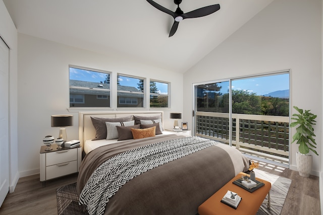 bedroom featuring wood-type flooring, high vaulted ceiling, multiple windows, and ceiling fan