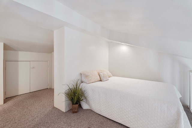 bedroom featuring carpet flooring, lofted ceiling, and a closet