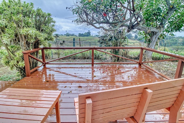 wooden deck with a fenced backyard