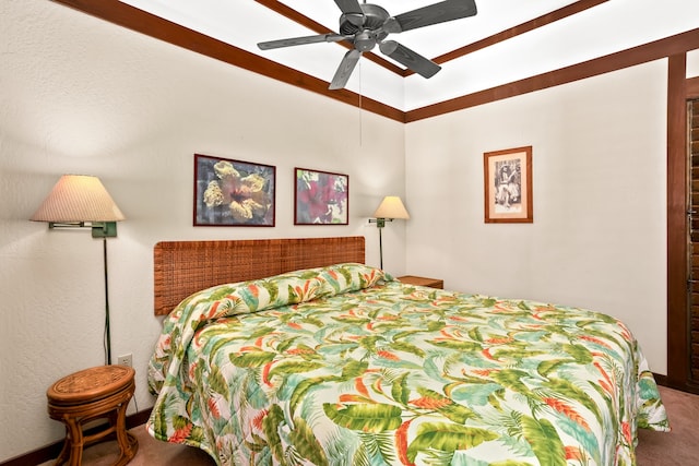 bedroom with ceiling fan and carpet flooring