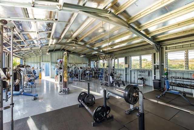 exercise room with lofted ceiling